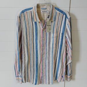 NEW! Tommy Bahama Men's XL Long Sleeve Linen Button Up Shirt Raffia Stripe Blue
